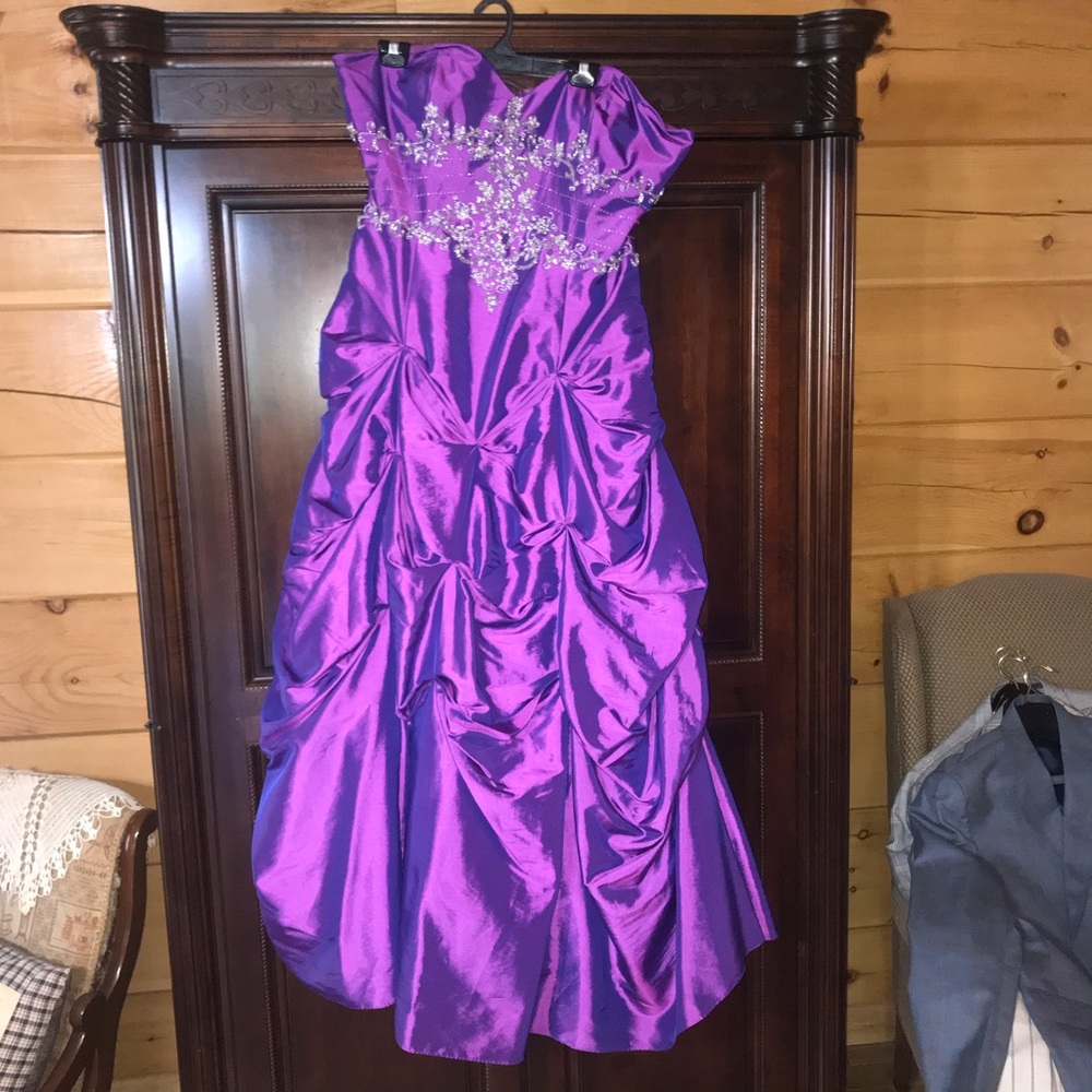 Strapless purple embellished plus size ball gown